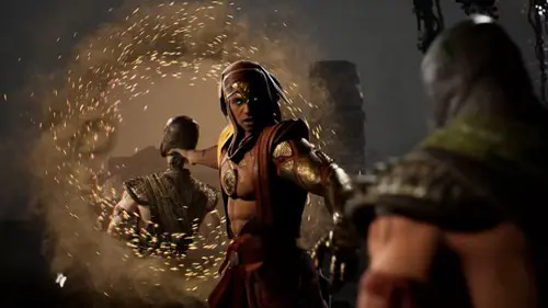 Geras about to smack Reptile with his own head in his Mortal Kombat 1 fatality