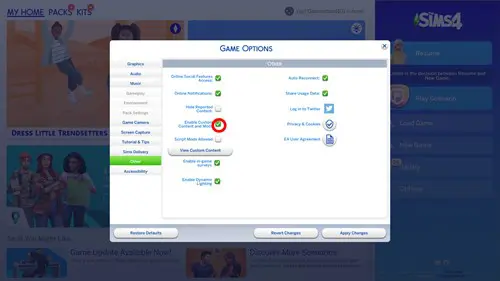 Screenshot showing how to enable mods in The Sims 4