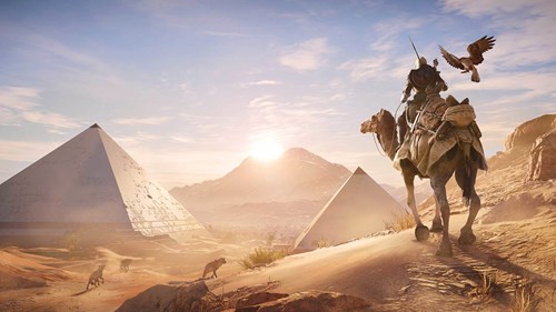 An assassin on camelback in Assassin's Creed Origins.