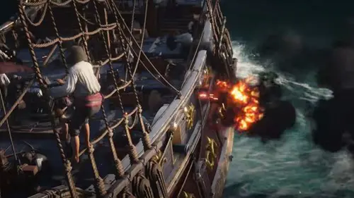 A pirate climbs ropes on a ship as its cannons fire in Skull and Bones.