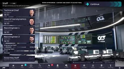 The staff management interface for F1 Manager 2022, which has a summer release date.