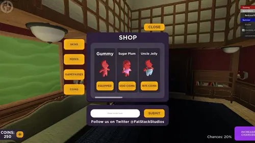 The menu to redeem Gummy! codes in Roblox