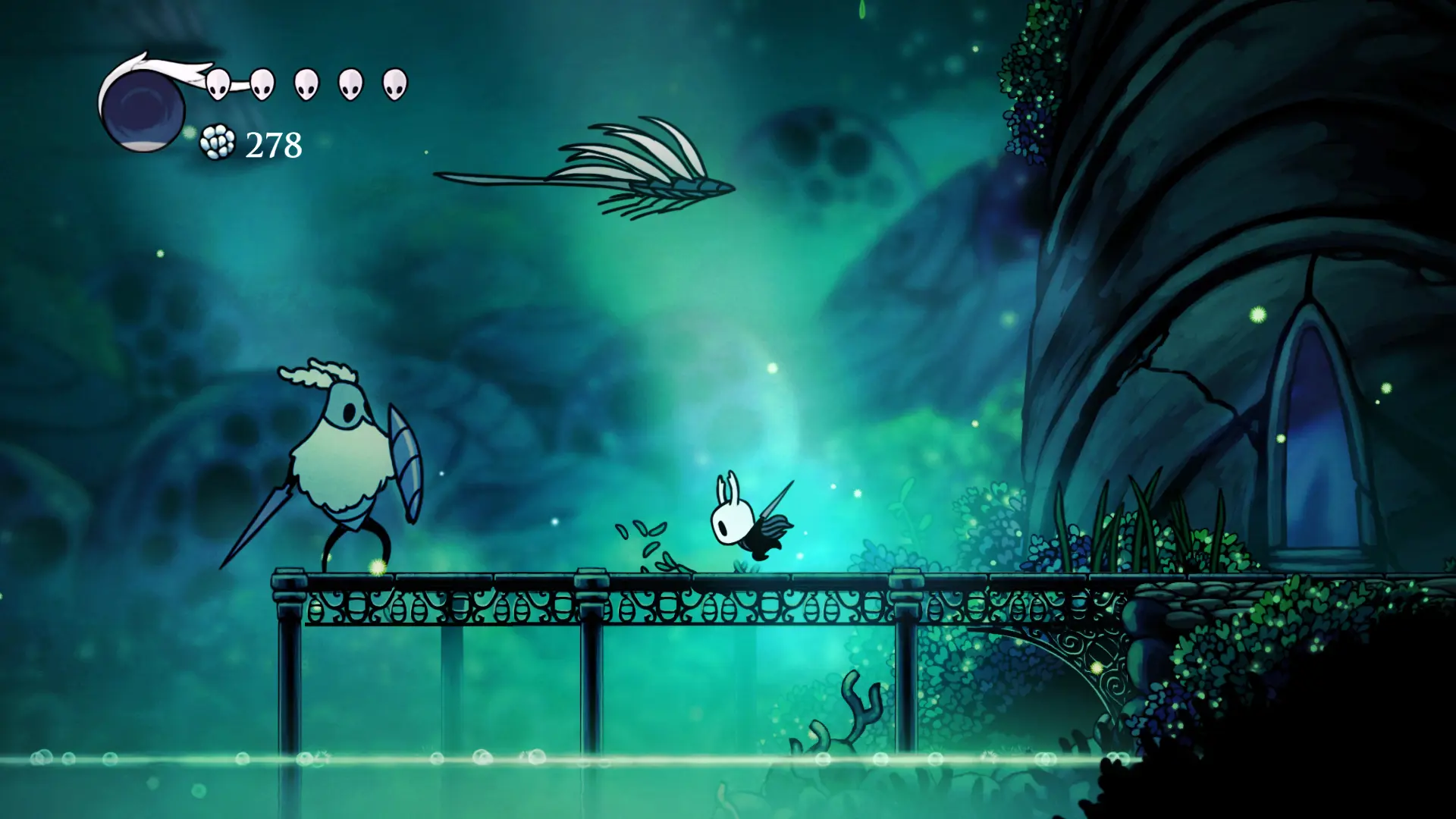 Screenshot of a mossy area and a metal bridge in Hollow Knight