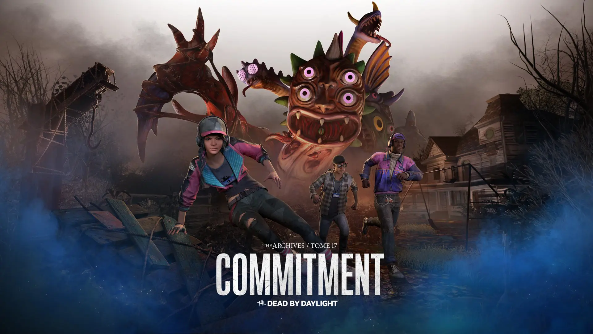 Key art of Tome 17: Commitment in Dead by Daylight. It shows new cosmetics for Feng Min, Adam Francis, Dwight Fairfield and The Dredge