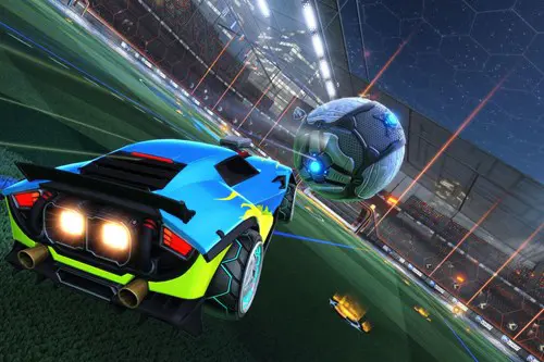 A Rocket League car chasing a ball