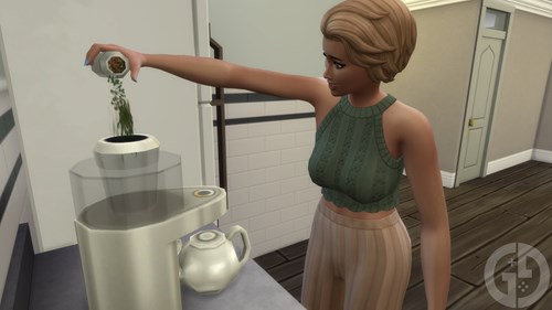 Screenshot of a Sim making tea in The Sims 4