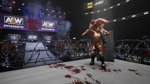 AEW Fight Forever screenshot showing wrestlers fighting with blood on the floor