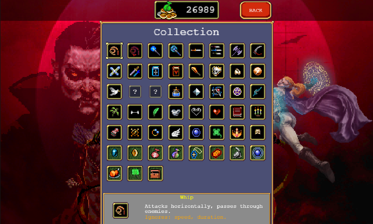 The collection screen in Vampire Survivors