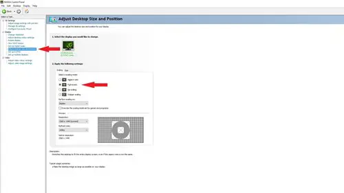 Screenshot of the NVIDIA Control Panel desktop size settings