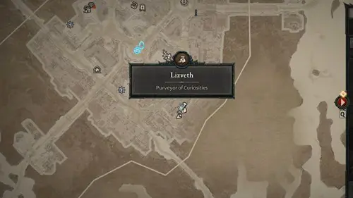 the Diablo 4 map location of Lizveth in Kyovashad, a Curiosity Vendor who accepts Murmuring Obols as currency