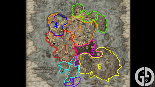 Image of the Elden Ring Shadow of the Erdtree map split up into different sections