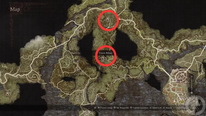 A map to Trevo Mines where you can find the Sorcerer and Warrior Vocations in Dragon's Dogma 2
