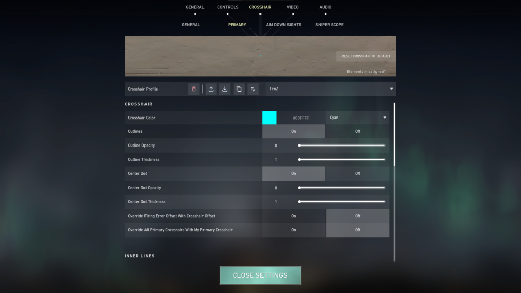 a screenshot of the crosshair settings menu in VALORANT