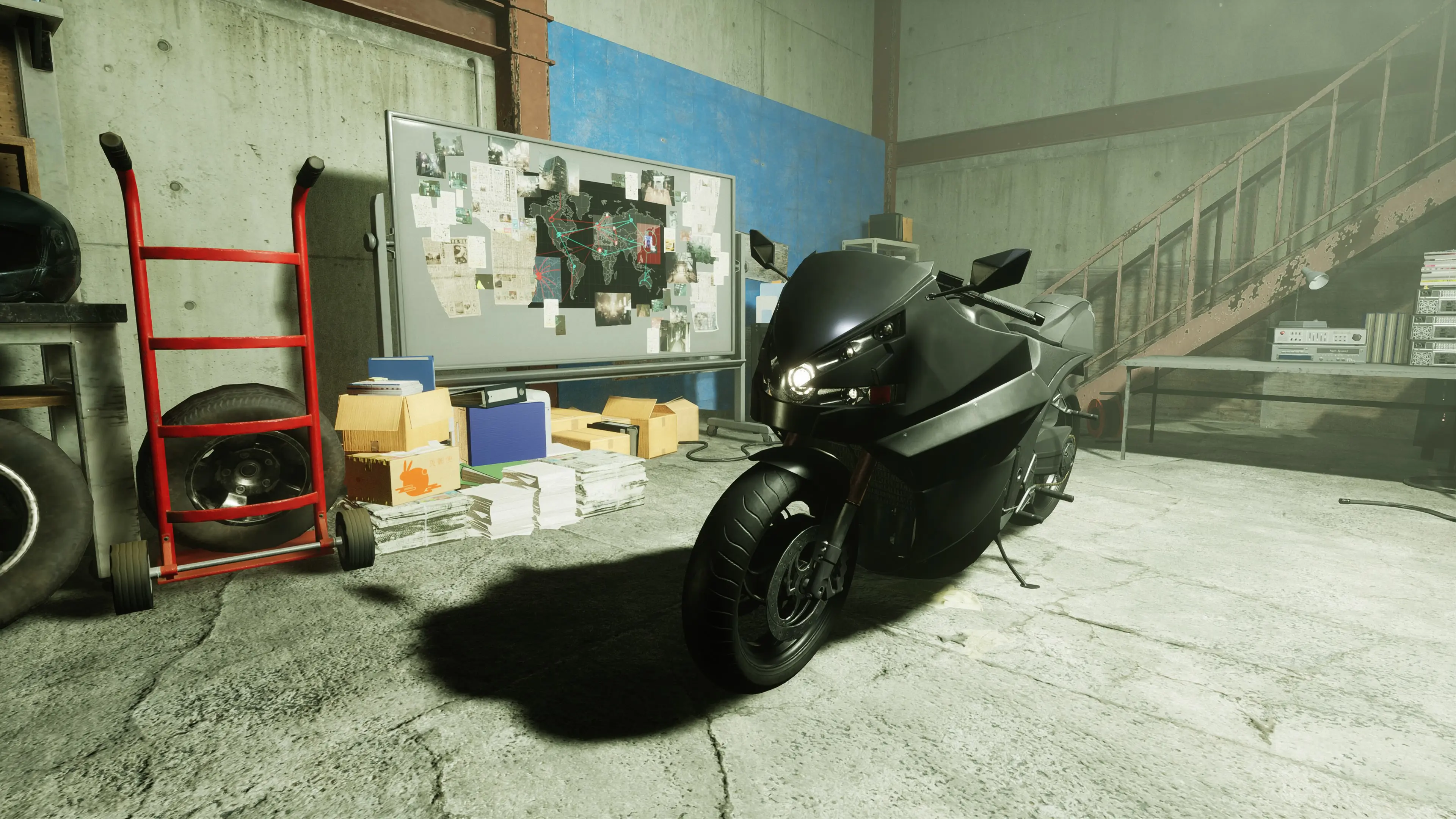 ghostwire tokyo after the end: A motorcycle in a garage, with a whiteboard and set of stairs in the background