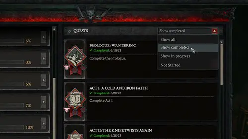 The options menu for narrowing down the Diablo 4 quest list