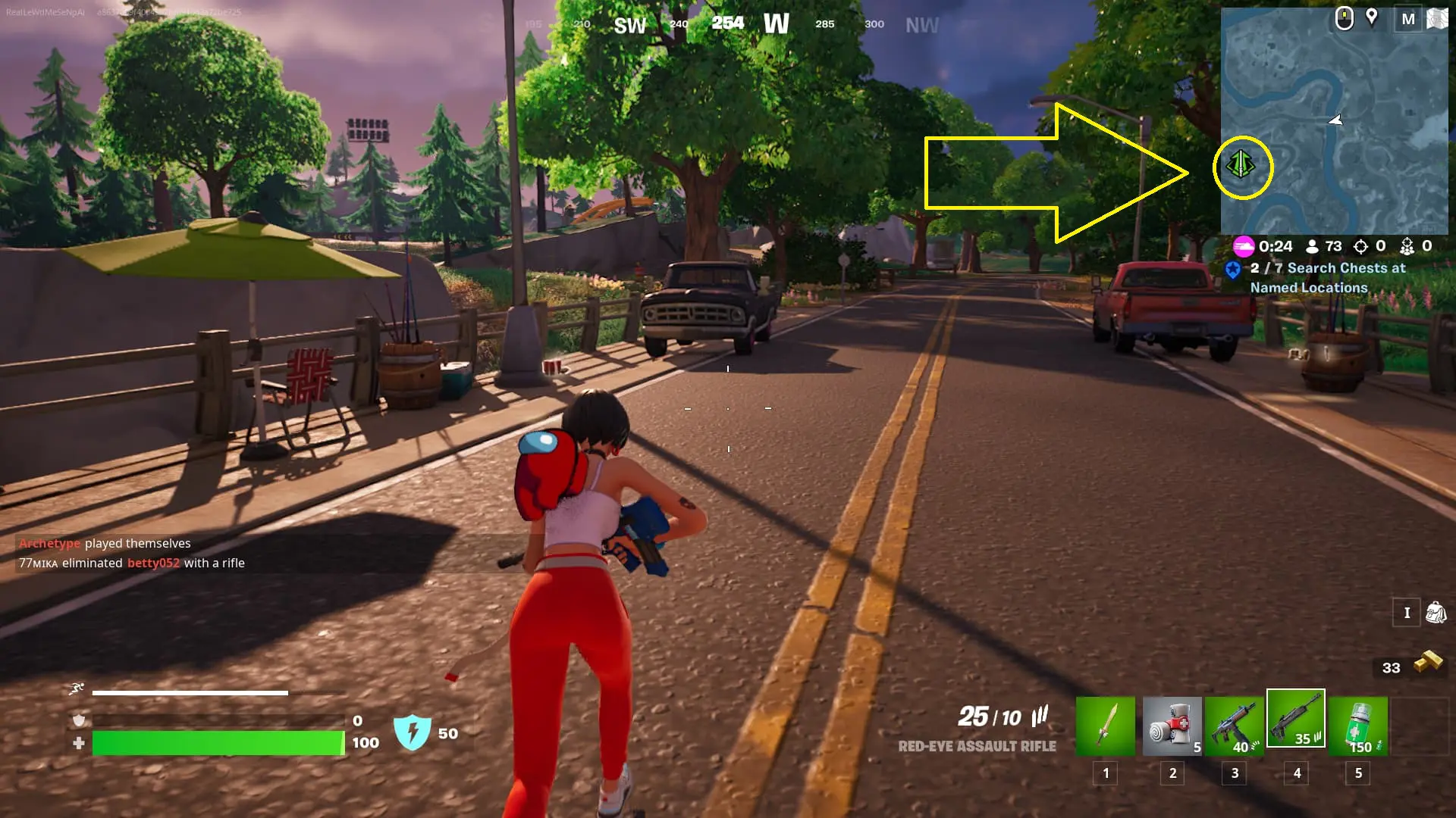 A screenshot of Fortnite Chapter 4 Season 2 showing where to find timber pine trees