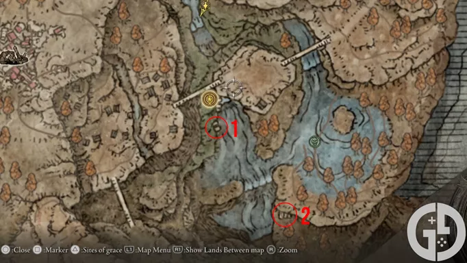 Map showing the route to Darklight Catacombs in Elden Ring Shadow of the Erdtree