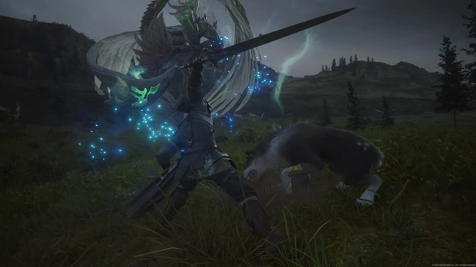 A gameplay screenshot of the Final Fantasy 16 protagonist wielding a sword