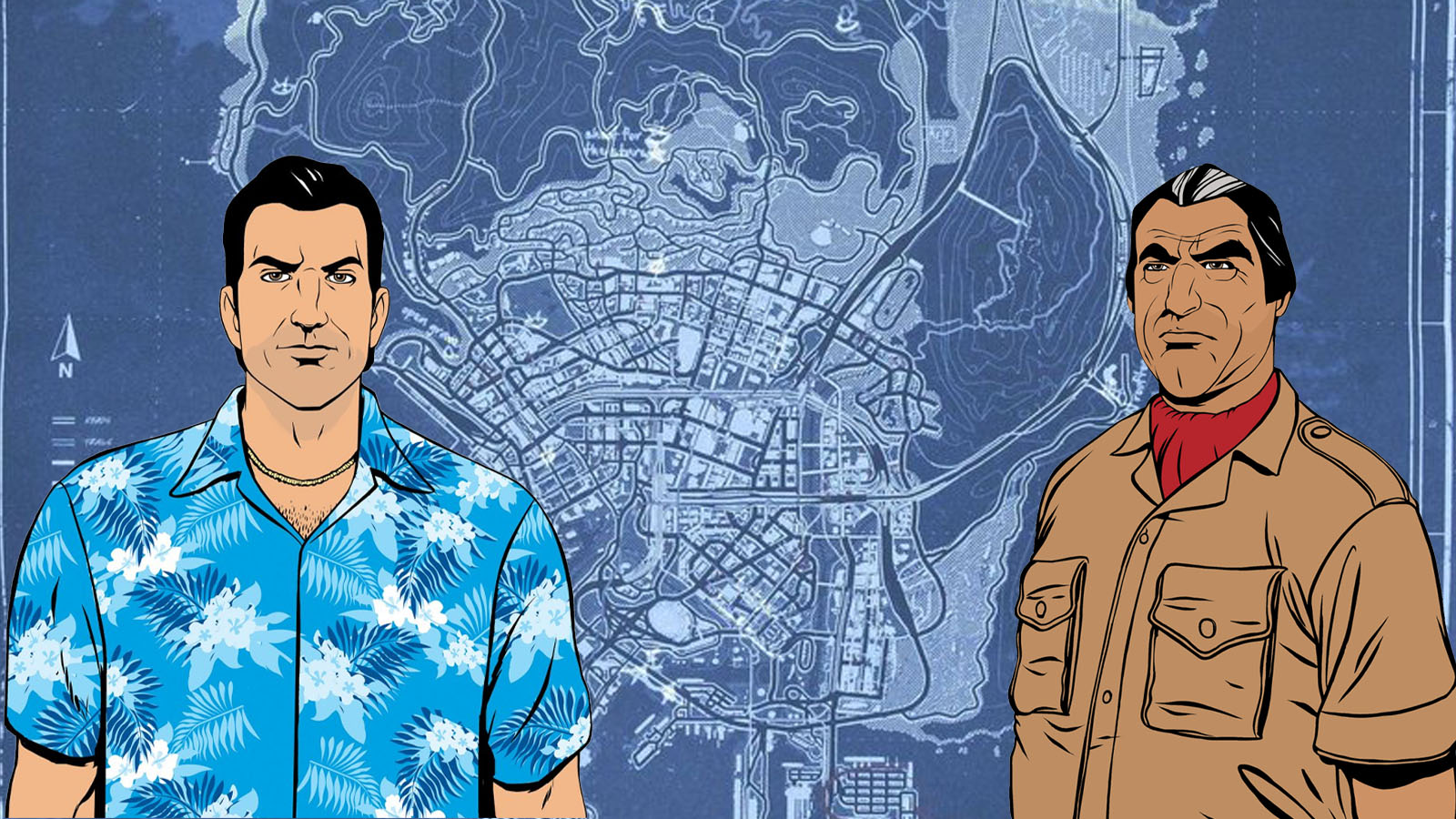 An image of a map in GTA with Vice City characters on top