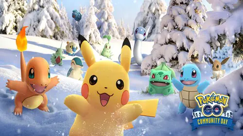 Pokemon GO Community Day art including Charmander, Pikachu, Squirtle, and Bulbasaur