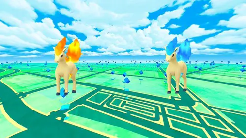 The sprites of Ponyta and shiny Ponyta in Pokemon GO