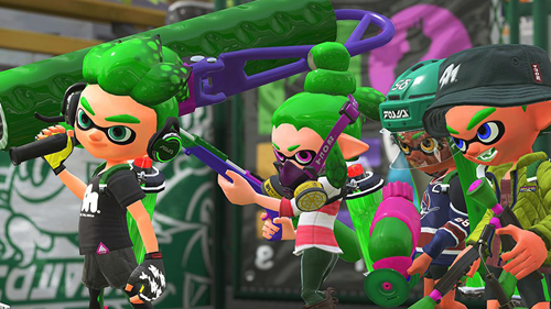 A team of green inklings brace for a game in Splatoon.