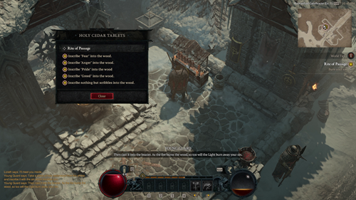 The main character of Diablo 4 inscribing something into the Holy Cedar Tablets, with five options available.