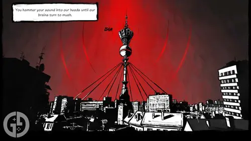 A story panel for Beat Slayer showing Berlin under rule of the villain