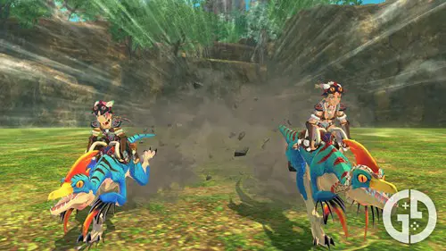 Two riders attacking on Velociprey together in Monster Hunter Stories 2