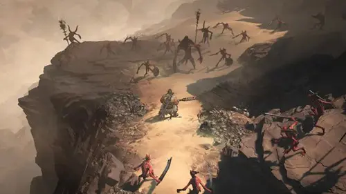 an image of a Barbarian between a group of enemies in Diablo 4