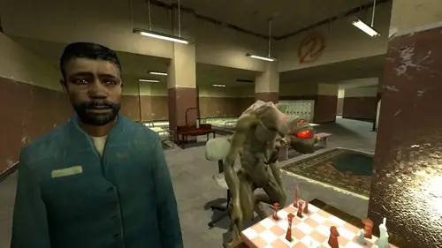 A human character beside an alien playing chess in Half-Life 2.