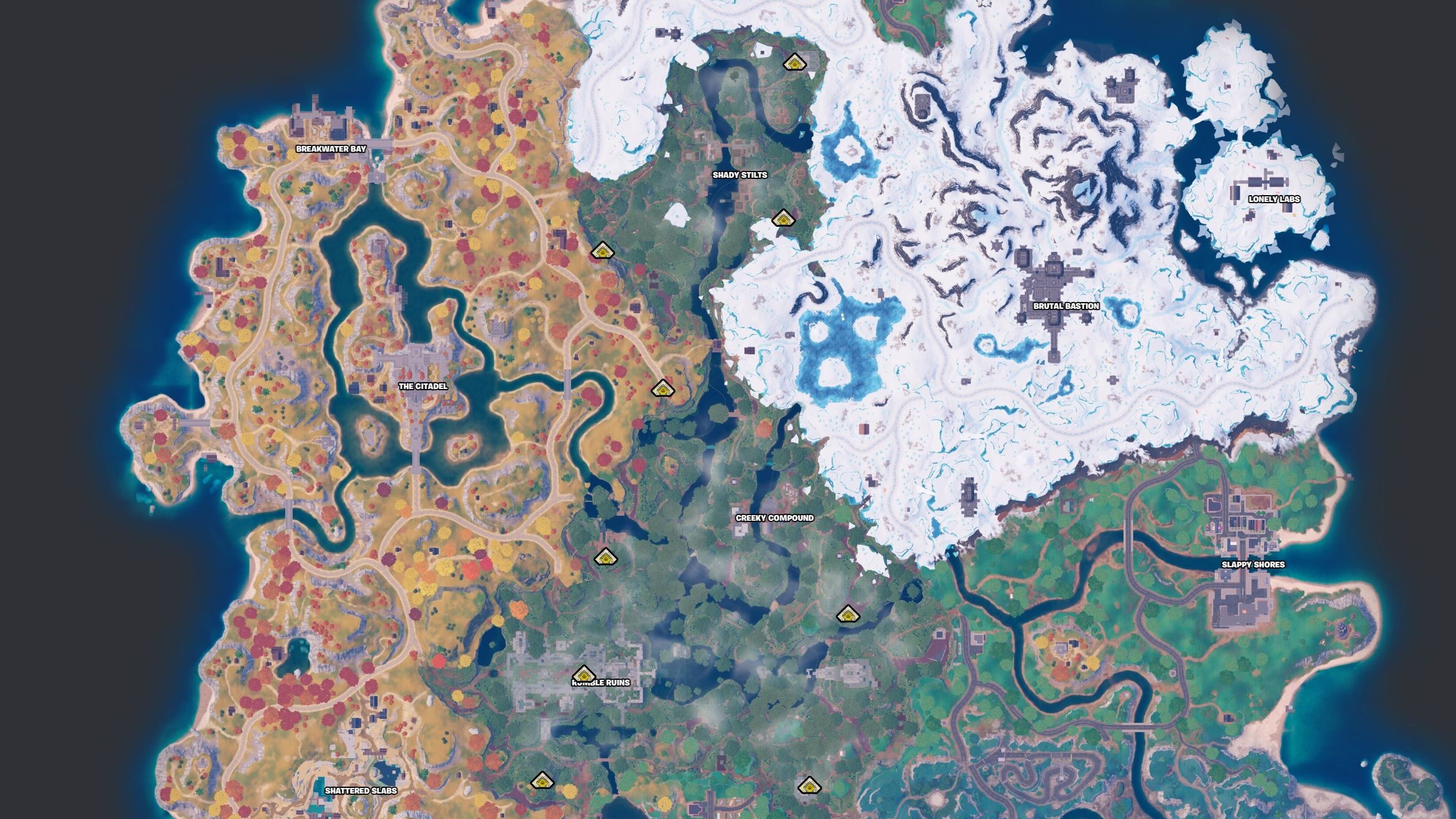 Map showing Ruins all over the Jungle Biome in Fortnite