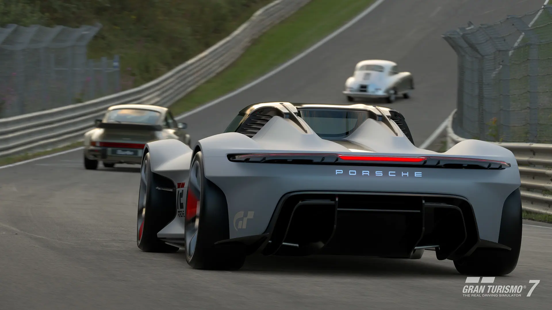 A race screenshot from Gran Turismo featuring multiple Porsches