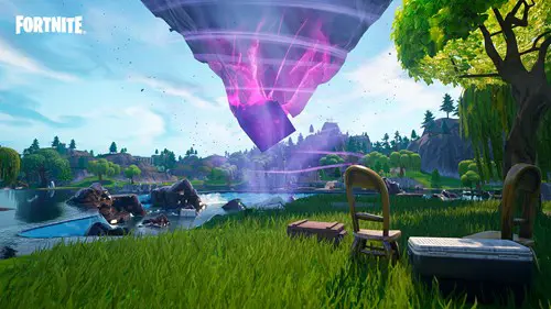 A floating island over Loot Lake on the Fortnite OG map