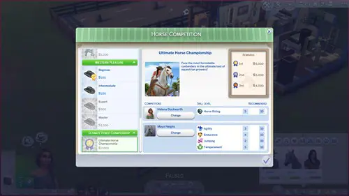 Screenshot of the Ultimate Horse Competition requirements in The Sims 4 Horse Ranch