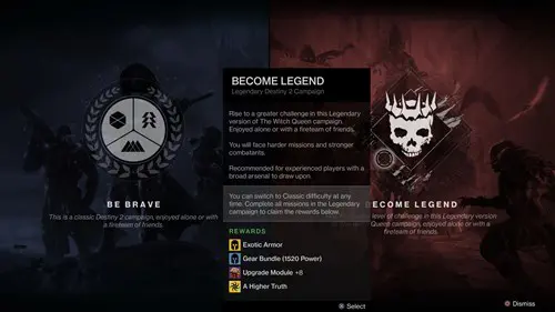 Destiny 2 Legendary Difficulty choice screen.