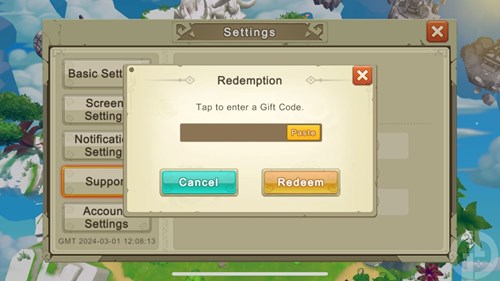 The code redemption screen in Dragon Tamer