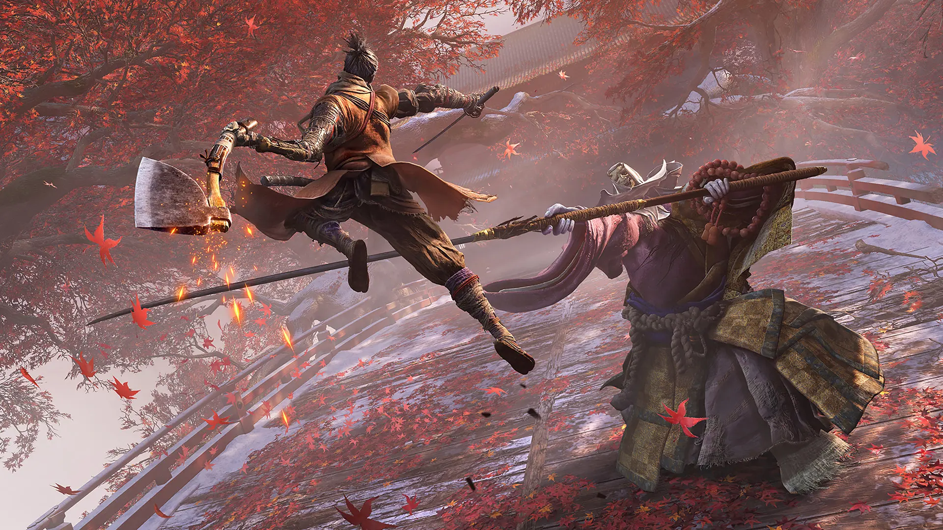 Wolf leaping toward a large enemy on a bridge covered in red leaves