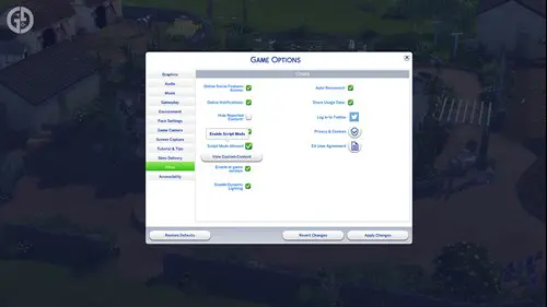 screenshot showing the script option for mods in the sims 4