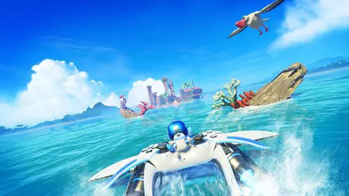 Image of Astro Bot riding a controller in the sea