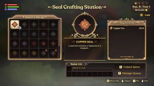 Screenshot of how to craft mining Seals in Fae Farm at a seal crafting station