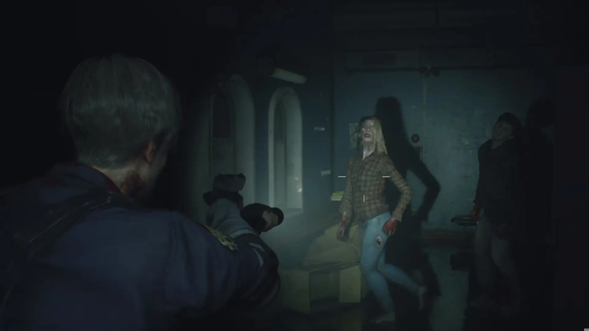 Leon can be seen shooting a zombie