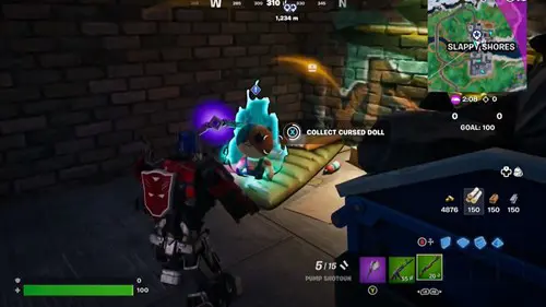 If you're at Slappy Shores, check under the boarded-up Slurp Juice building to locate a cursed Meowscles doll in Fortnite