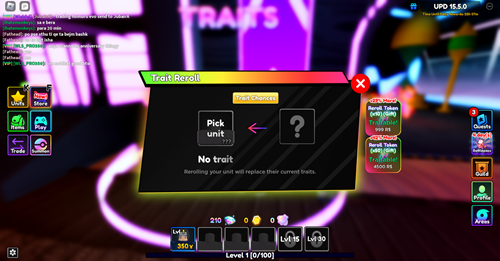 The re-roll menu, where you can try and get the Golden Trait in Anime Adventures for Roblox