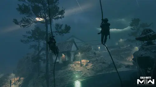 Key art of a soldier descending from a helicopter at night in MW2