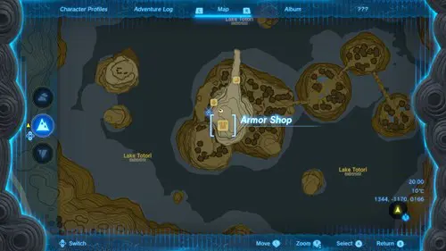 A map from The Legend of Zelda: Tears of the Kingdom showing where the Armor Shop is in Rito village