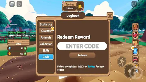 Farm Life Simulator codes redeem screen