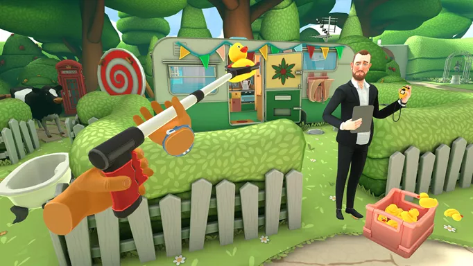 The player handles a rubber duck with a grabber arm as Alex Horne watches on in Taskmaster VR.