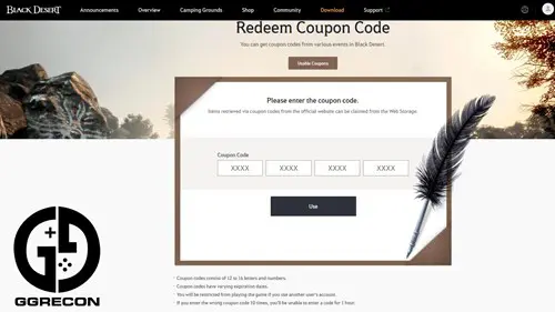 The menu to redeem BDO codes on the Black Desert Online website