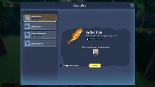 Screenshot of campfire recipes in Palia